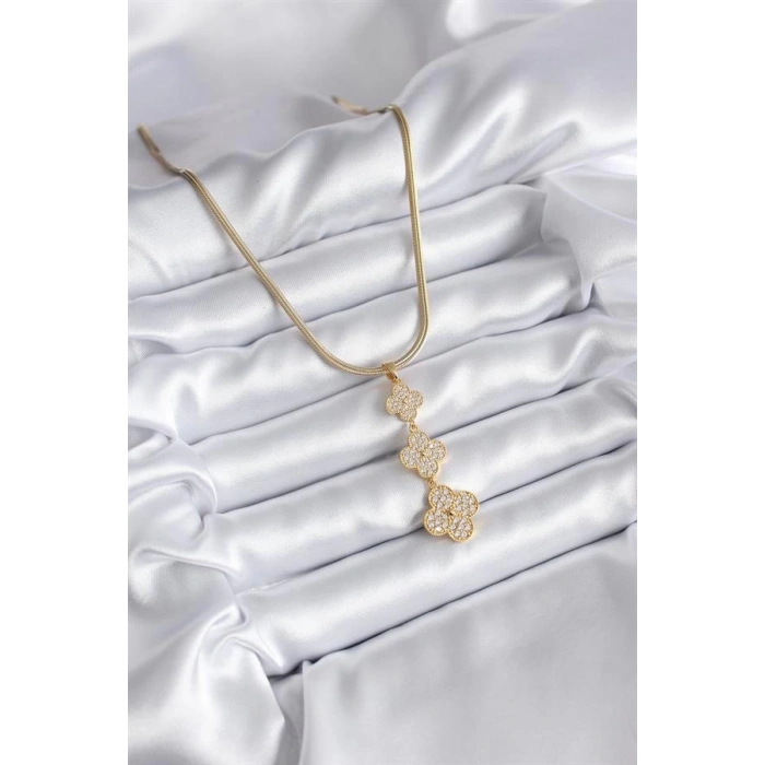 316L Çelik Gold Renk İtalyan Zincir Zirkon Taşlı Yonca Model Kadın Kolye