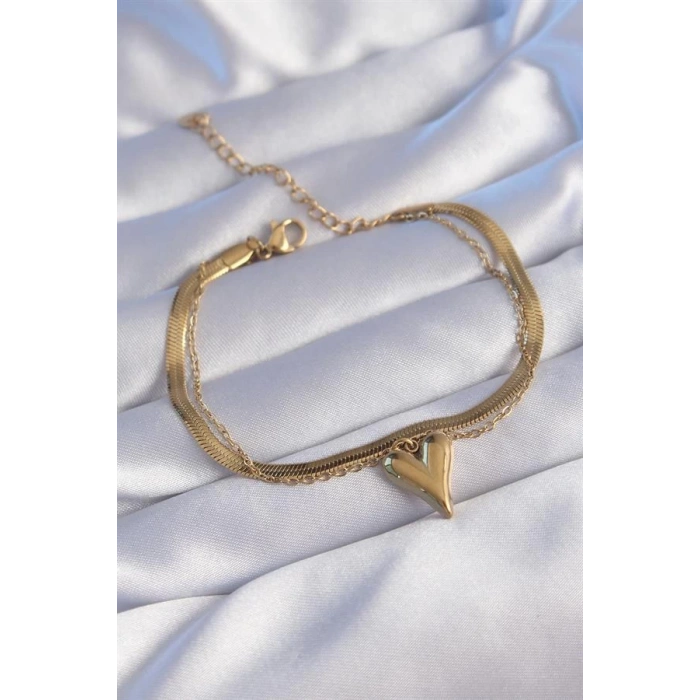316L Çelik Gold Renk İtalyan Zincirli Kalp Model Bileklik