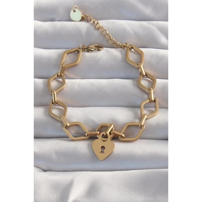 316L Çelik Gold Renk Kalp Model Zincir Bileklik