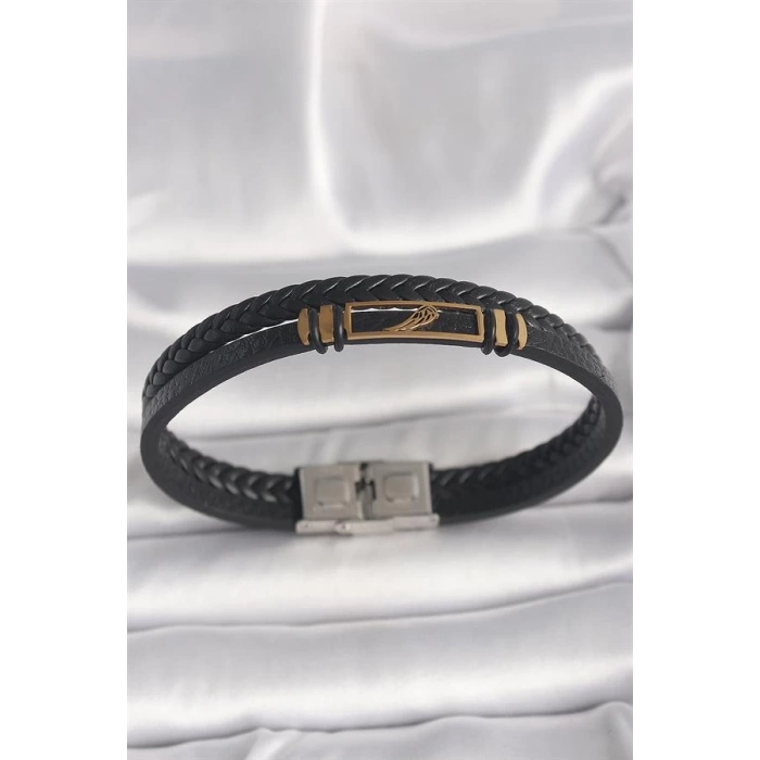 316L Çelik Gold Renk Kanat Aksesuarlı Siyah Burgu Model Deri Kordon Erkek Bileklik