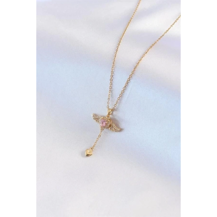 316L Çelik Gold Renk Kanatlı Kalp Model Zirkon Taş Detay Kadın Kolye