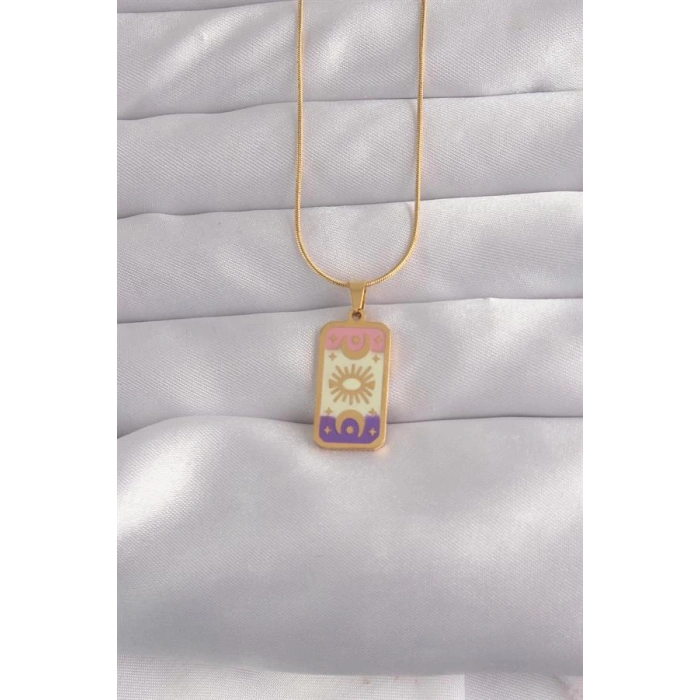 316L Çelik Gold Renk Karışık Mineli Ay Figür Tarot Kolye
