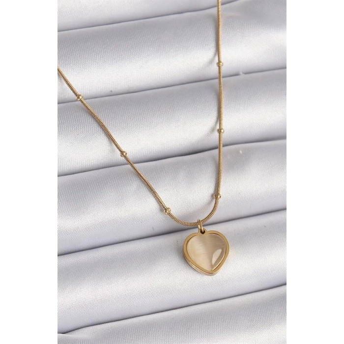 316L Çelik Gold Renk Kedi Gözü Sedefli Kalp Model Kadın Kolye