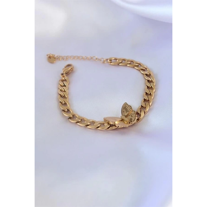 316L Çelik Gold Renk Kelebek Figür İşleme Detay Zincir Model Kadın Bileklik