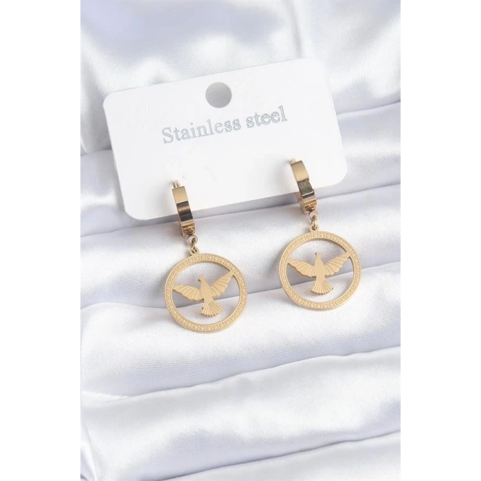 316L Çelik Gold Renk Kuş Model İşleme Detay Kadın Küpe