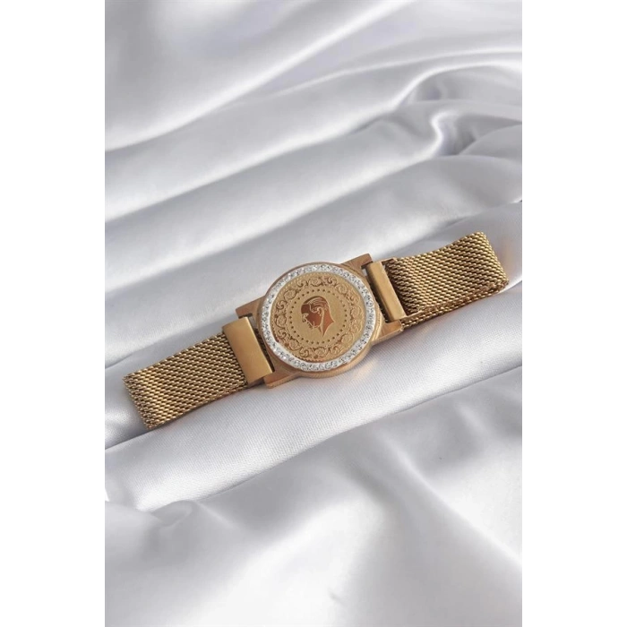 316L Çelik Gold Renk Mıknatıslı Hasır Zirkon Taşlı Çeyrek Altın Model Kadın Bileklik