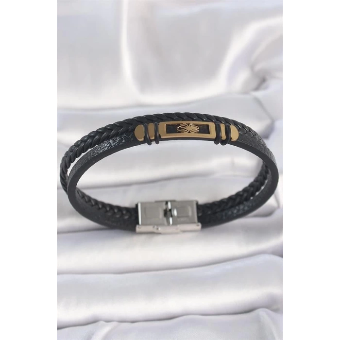 316L Çelik Gold Renk Örümcek Figür Çift Sıra Burgu Desenli Deri Kordon Erkek Bileklik