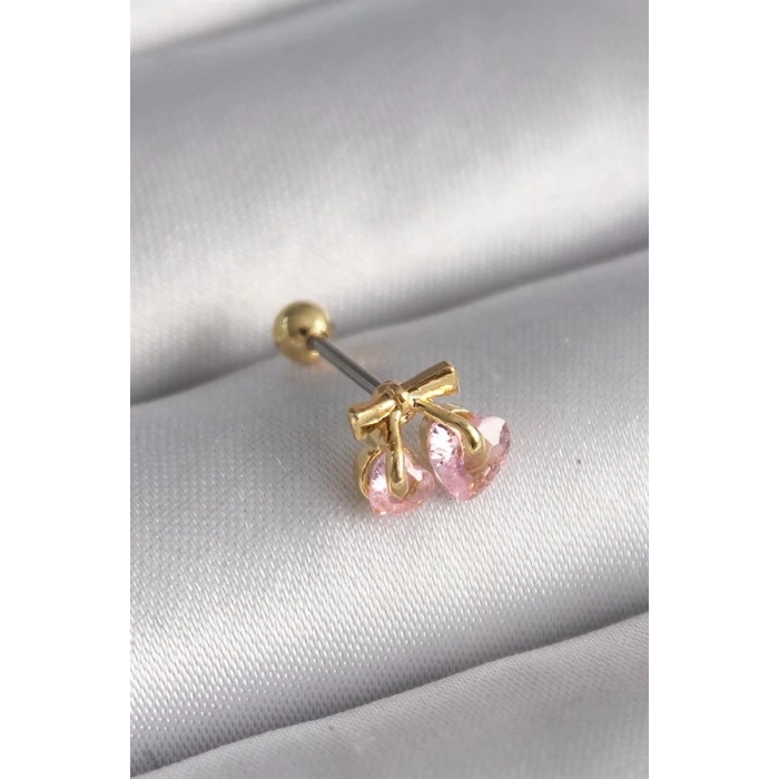 316L Çelik Gold Renk Pembe Zirkon Taşlı Kalp Tragus Piercing