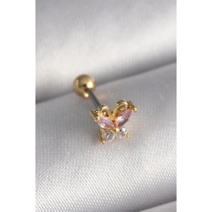 316L Çelik Gold Renk Pembe Zirkon Taşlı Kelebek Tragus Piercing