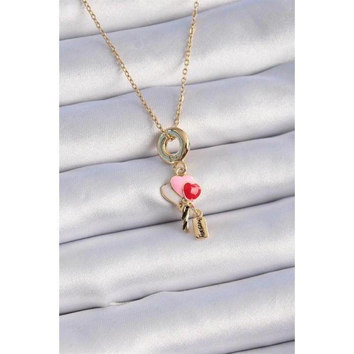 316L Çelik Gold Renk Renkli Kalp Figür Charm Model Kadın Kolye