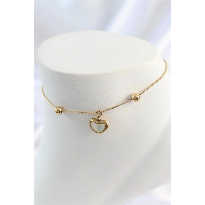 316L Çelik Gold Renk Sallantı Mineli Kalp Figür Topçuk Detay Kadın Halhal