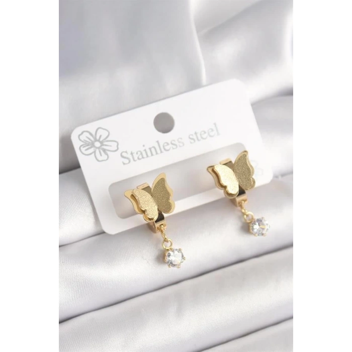 316L Çelik Gold Renk Sallantı Zirkon Taş Detaylı Simli Kelebek Model Kadın Küpe
