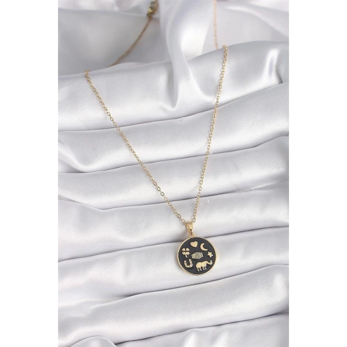 316L Çelik Gold Renk Siyah Şans Kolyesi