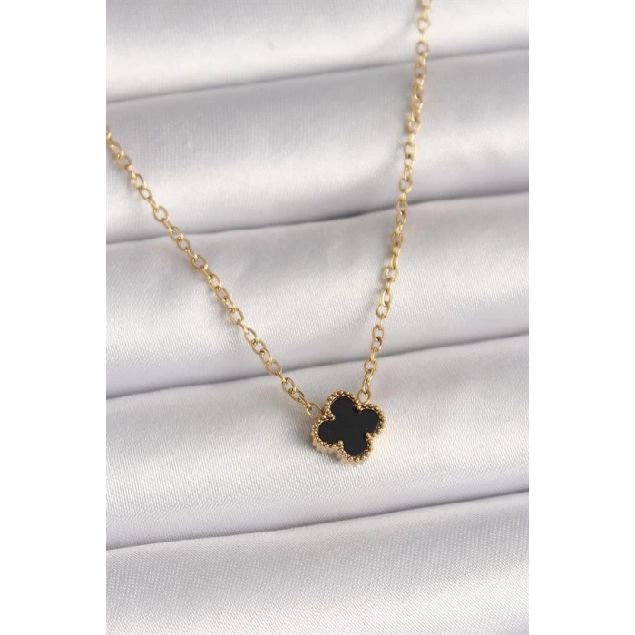 316L Çelik Gold Renk Siyah Yonca Model Kadın Kolye