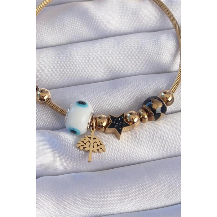 316L Çelik Gold Renk Siyah Zirkon Taşlı Yıldız Tasarımlı Ağaç Detay Nazarlı Charm Bileklik