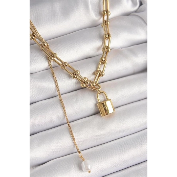 316L Çelik Gold Renk Tiffany Zincir Model Kilit Figür Sallantı İnci Detay Kadın Kolye