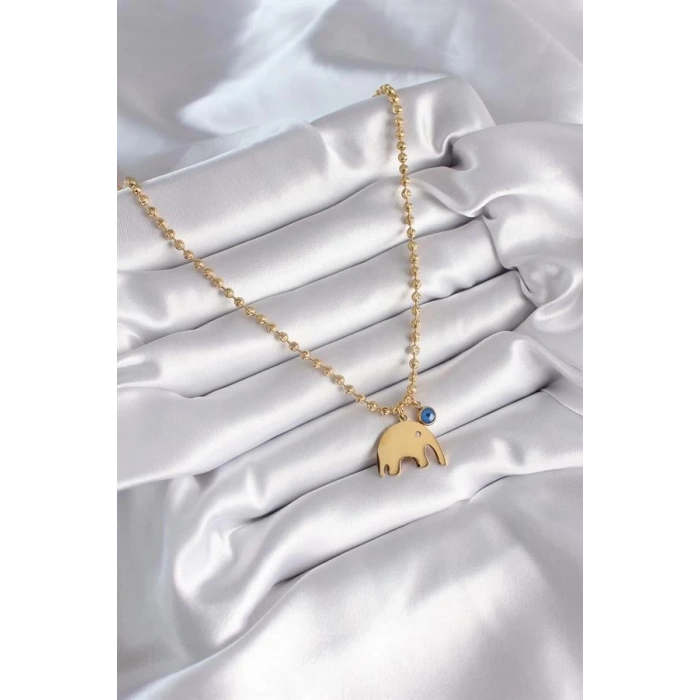 316L Çelik Gold Renk Top Zincir Model Fil Figür Nazar Boncuk Detay Kadın Kolye