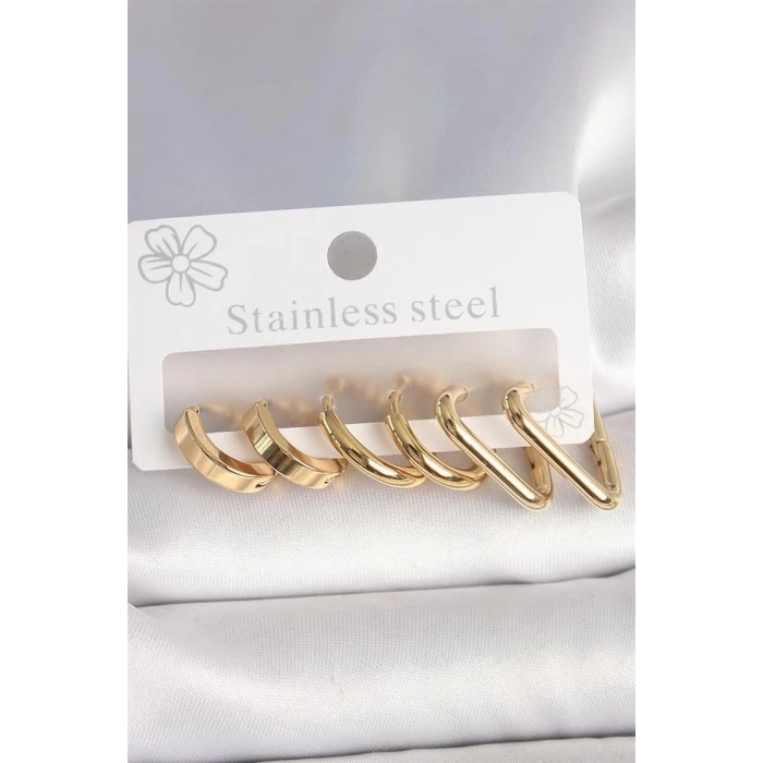 316L Çelik Gold Renk Üçgen Halka Model Kadın Küpe Seti