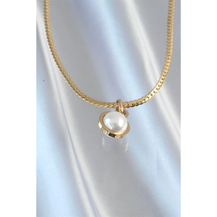 316L Çelik Gold Renk Yassı Zincir İnci Taşlı Kolye