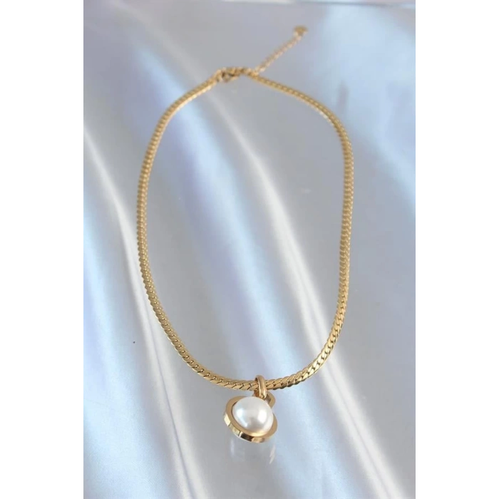 316L Çelik Gold Renk Yassı Zincir İnci Taşlı Kolye