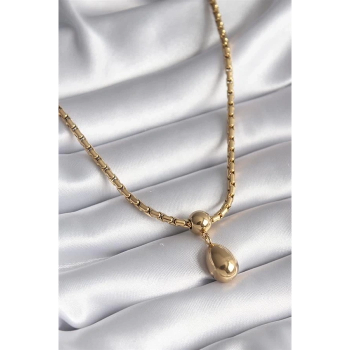 316L Çelik Gold Renk Yılan Sırtı Zincir Model Damla Sallantı Kadın Kolye