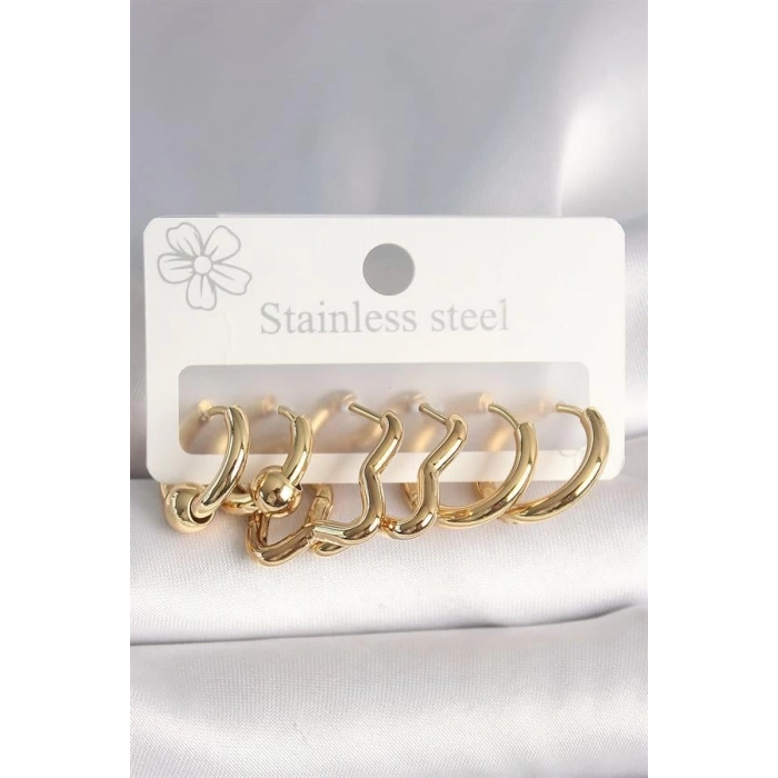 316L Çelik Gold Renk Yıldız Halka Model Kadın Küpe Seti