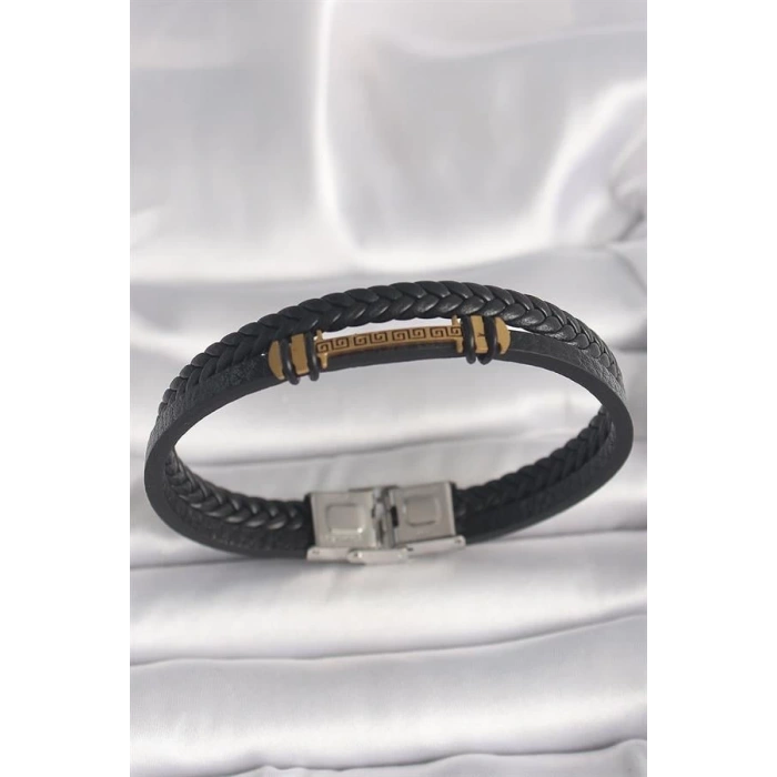 316L Çelik Gold Renk ZikZak İşlemeli Aksesuarlı Çift Sıra Burgu Desenli Deri Kordon Erkek Bileklik