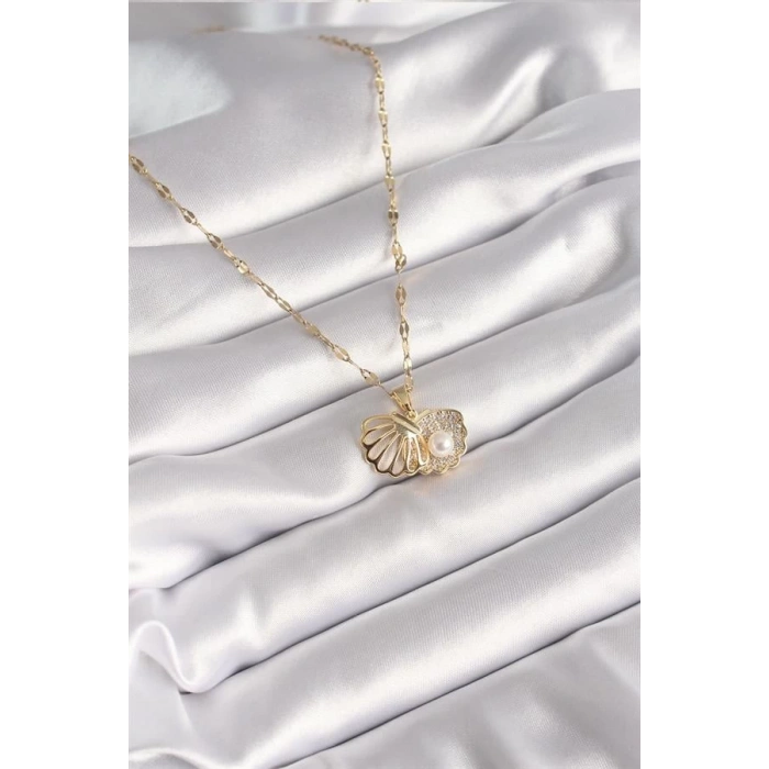 316L Çelik Gold Renk Zincir Açılır İstiridye Model İnci Zirkon Taş Detay Kadın Kolye