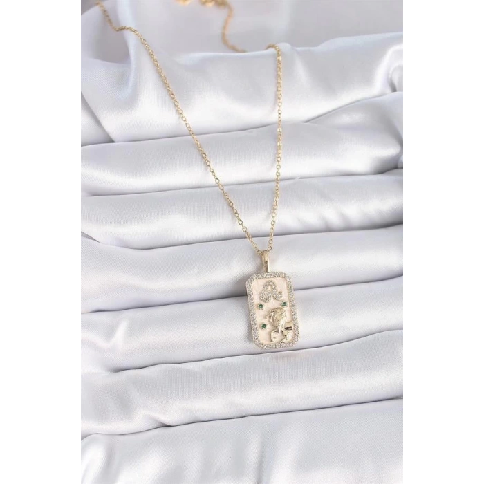 316L Çelik Gold Renk Zincir Aslan Burcu Zirkon Taşlı Kadın Kolye