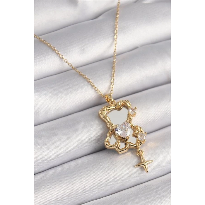 316L Çelik Gold Renk Zincir Ayna Ayıcık Model Zirkon Taşlı Kalp Model Kadın Kolye