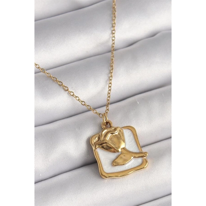 316L Çelik Gold Renk Zincir Beyaz Mineli Gül Portre Model Kadın Kolye