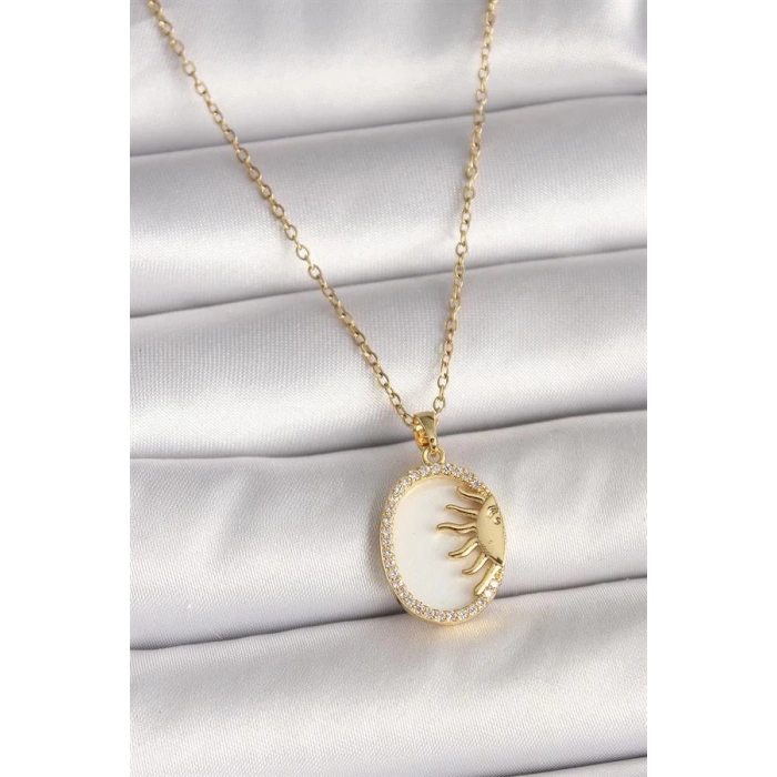 316L Çelik Gold Renk Zincir Beyaz Mineli Gün Batımı Model Zirkon Taş Detay Kadın Kolye