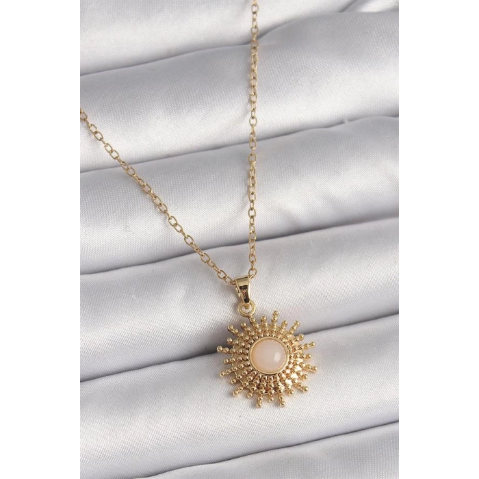 316L Çelik Gold Renk Zincir Beyaz Mineli Güneş Model Kadın Kolye