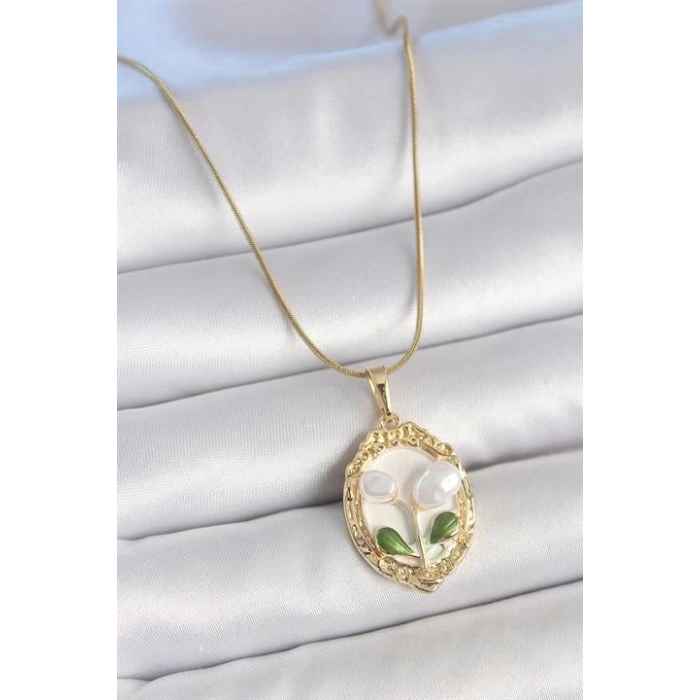 316L Çelik Gold Renk Zincir Beyaz Mineli İncili Çiçek İşlemeli Portre Model Kadın Kolye