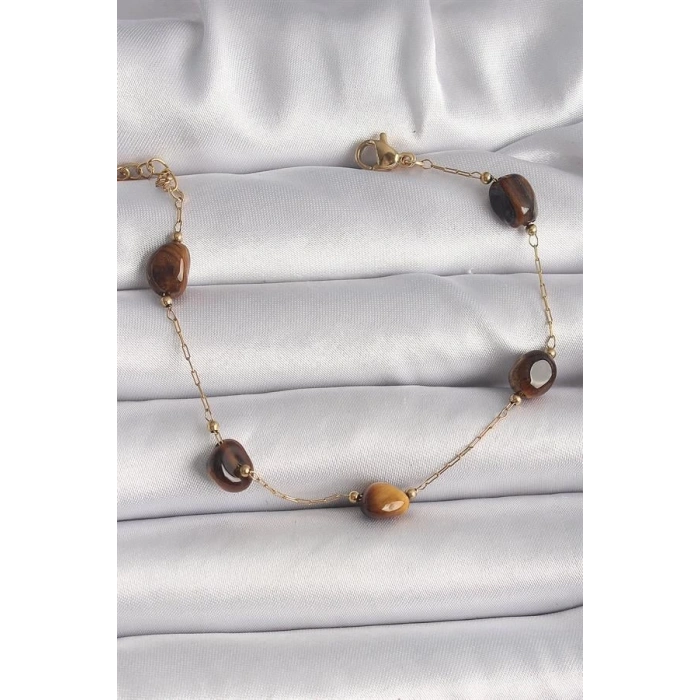 316L Çelik Gold Renk Zincir Kahverengi Doğaltaş Model Kadın Bileklik