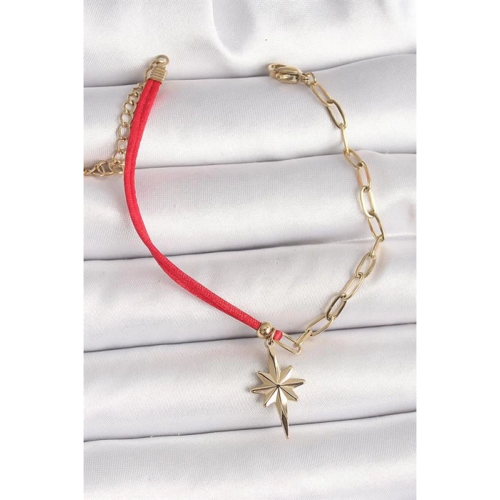316L Çelik Gold Renk Zincir Kırmızı İp Model Sallantı Kutup Yıldız Figür Kadın Bileklik