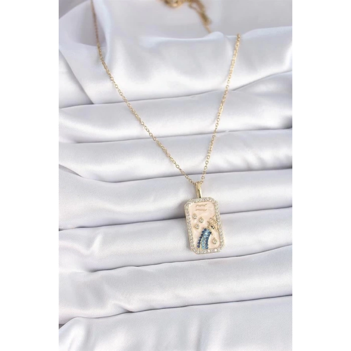 316L Çelik Gold Renk Zincir Kova Burcu Zirkon Taşlı Kadın Kolye