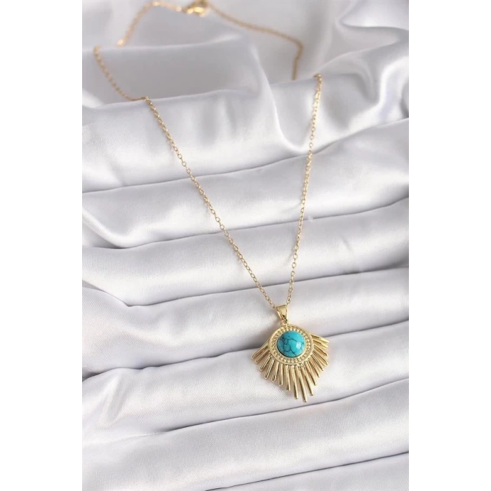 316L Çelik Gold Renk Zincir Mavi Boncuk Güneş Model Kadın Kolye