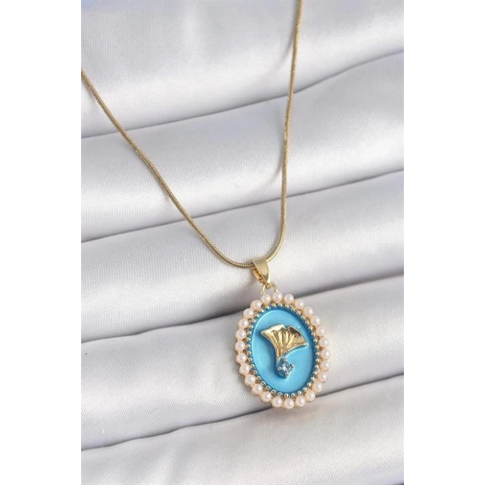 316L Çelik Gold Renk Zincir Mavi Mineli İncili Zirkon Taşlı Çiçek İşlemeli Portre Model Kadın Kolye