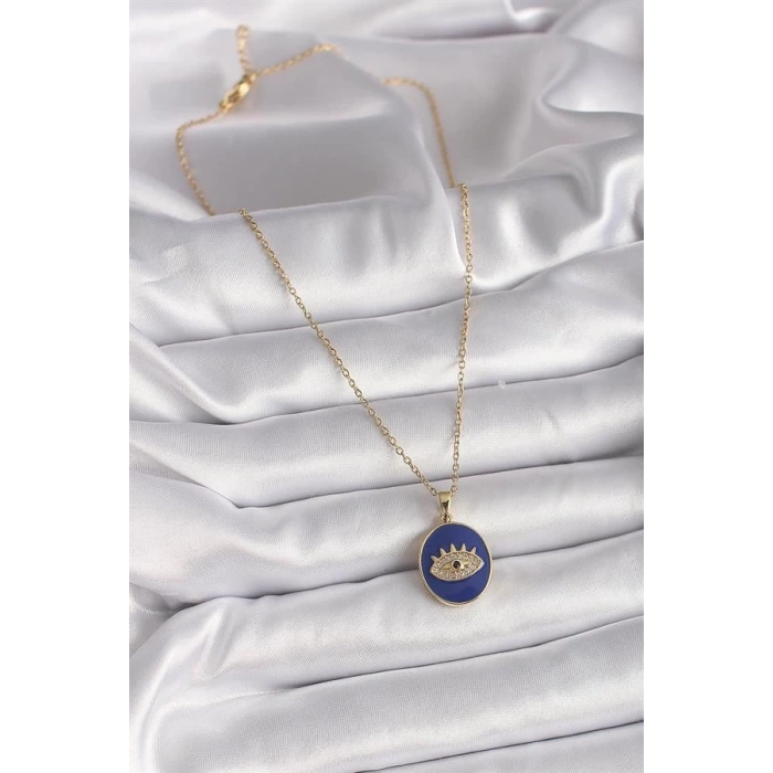 316L Çelik Gold Renk Zincir Mavi Mineli Zirkon Taşlı Göz İşleme Kadın Kolye