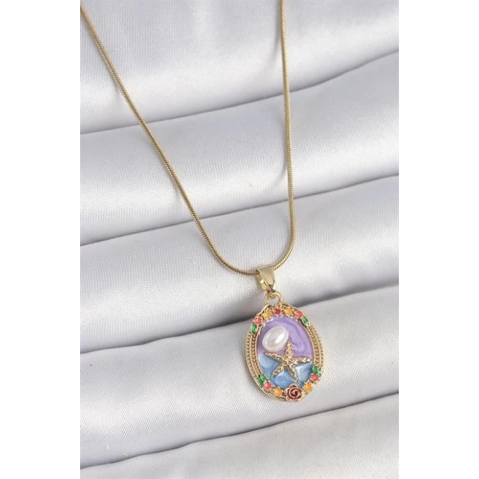 316L Çelik Gold Renk Zincir Mix Renk Deniz Yıldız İşlemeli Renki Çiçek Detay Portre Model Kadın Kolye
