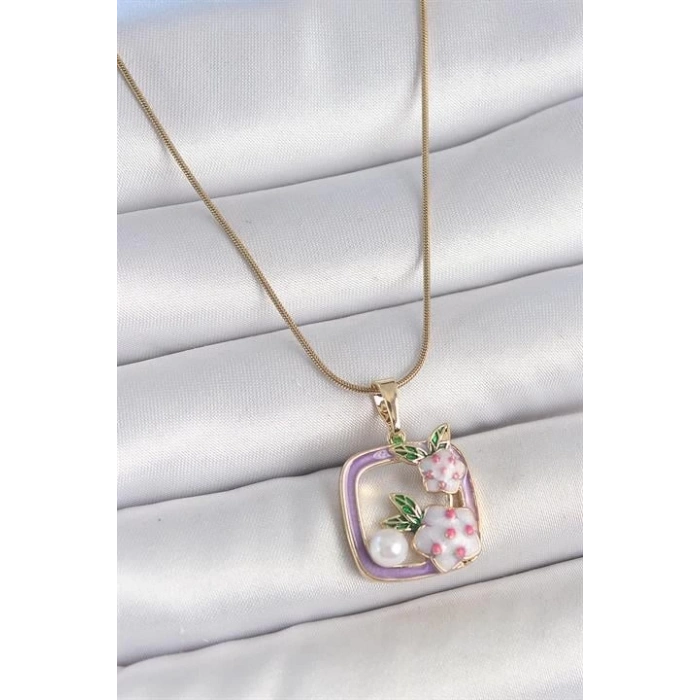 316L Çelik Gold Renk Zincir Mor Mineli Kare Model Çiçek İşlemeli İnci Detay Kadın Kolye