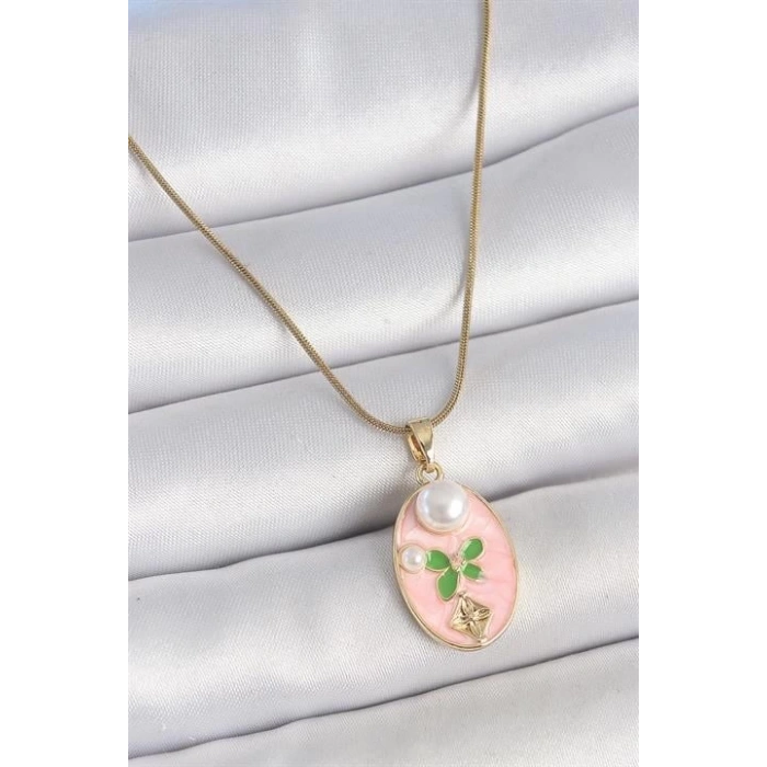 316L Çelik Gold Renk Zincir Pembe Mineli Oval İncili Çiçek İşlemeli Portre Model Kadın Kolye