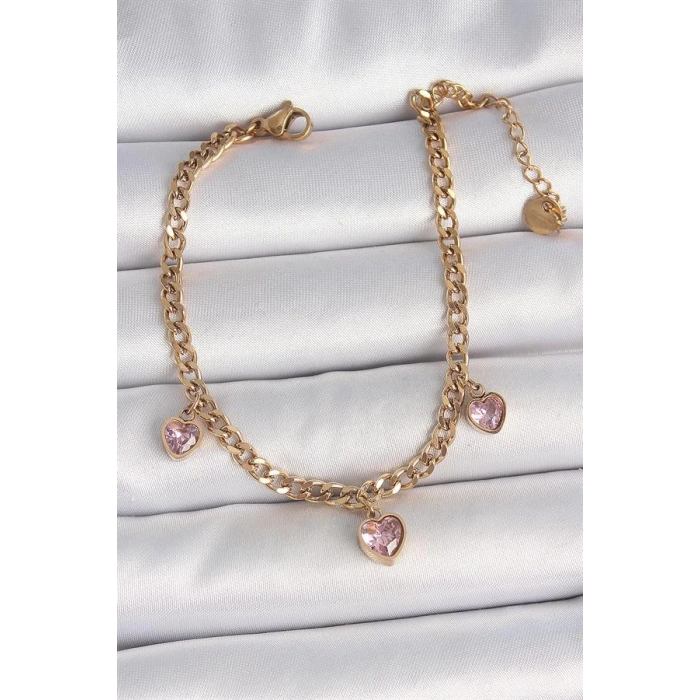 316L Çelik Gold Renk Zincir Sallantı Pembe Zirkon Taşlı Kalp Model Kadın Bileklik