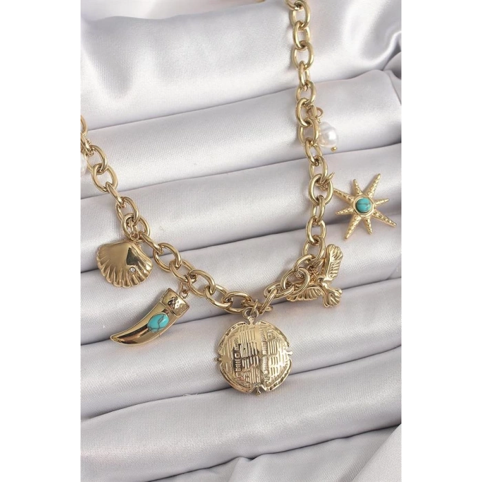 316L Çelik Gold Renk Zincir Sallantılı Çoklu Figür Model Kadın Kolye