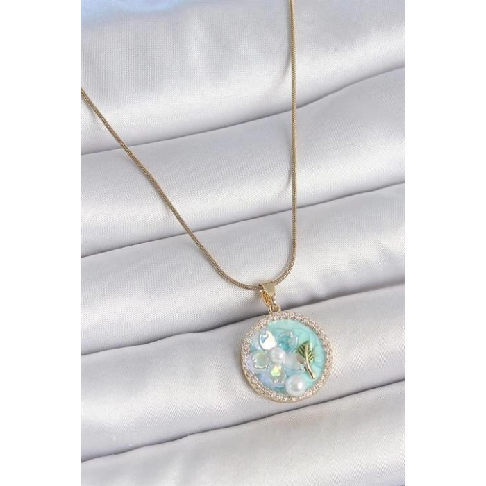 316L Çelik Gold Renk Zincir Zirkon Taş Detaylı Mavi Mineli Çiçek İşlemeli İnci Detay Kadın Kolye