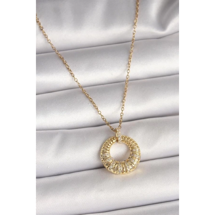 316L Çelik Gold Renk Zincir Zirkon Taş İşlemeli Daire Model Kadın Kolye