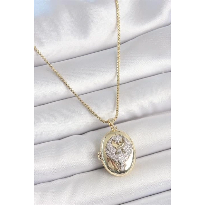 316L Çelik Gold Renk Zincir Zirkon Taşlı Anka Kuşu İşlemeli Açılır Model Kadın Kolye