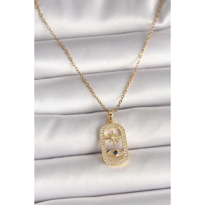 316L Çelik Gold Renk Zincir Zirkon Taşlı Göz Yıldız Model Kadın Kolye