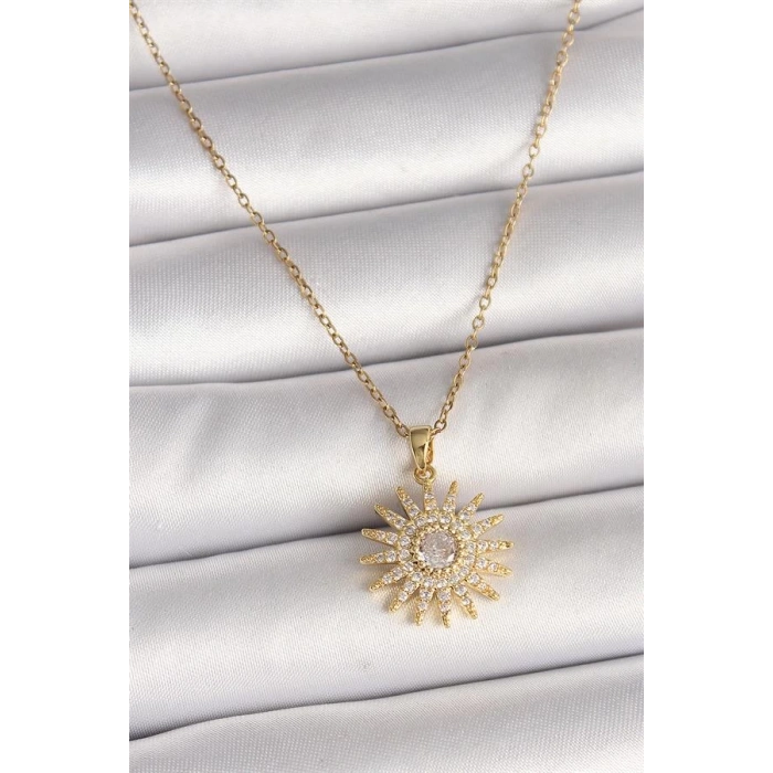 316L Çelik Gold Renk Zincir Zirkon Taşlı Güneş Model Kadın Kolye